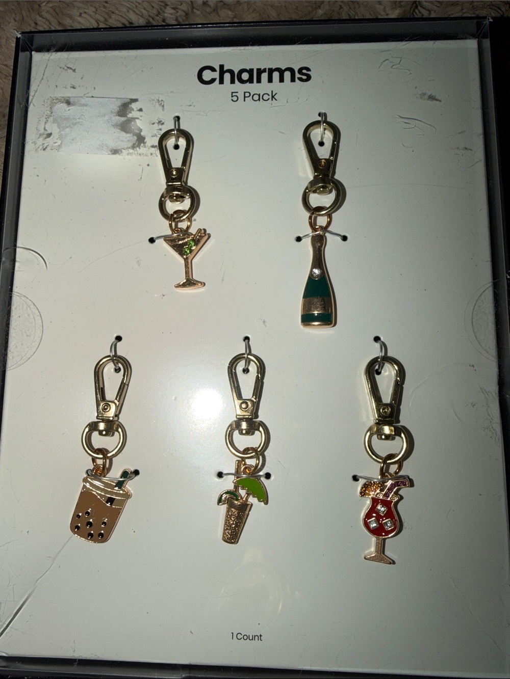 Cocktail Charm Keychain Set - Gold Tone with Green & Red Accents
